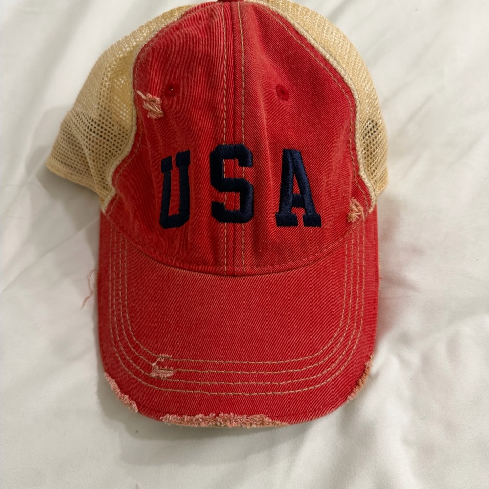 Red USA Trucker Hat with Beige Mesh